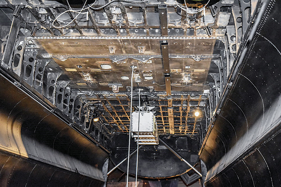 The Lancaster’s 33ft-long bomb bay, unprecedented in a wartime heavy bomber, was regarded as ideal for carrying the Thin Man bomb owing to its length. This example has an incendiary bomb canister mounted at centre, illustrating the uninterrupted space available. Photo: Grant Newman